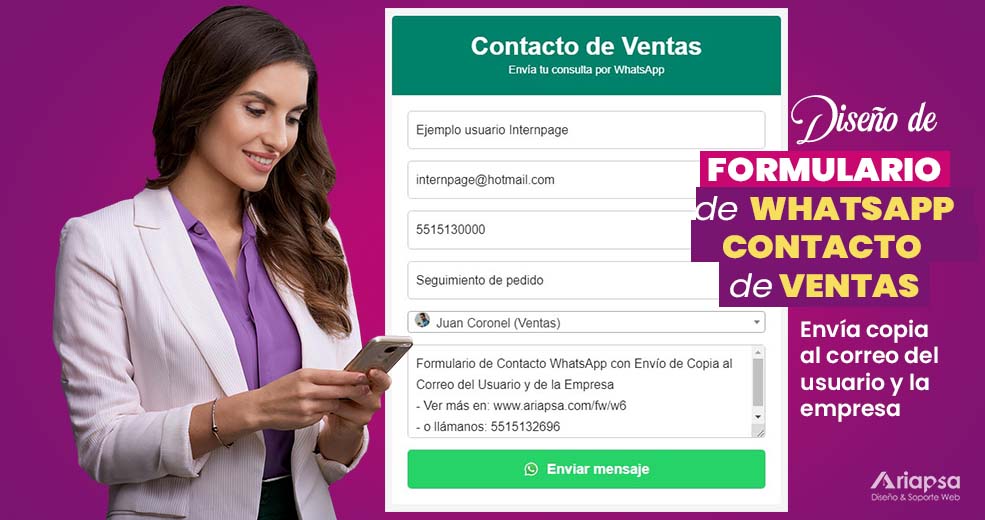 Formulario de whatsapp contacto de ventas Envía copia al correo del usuario y la empresa Ariapsa