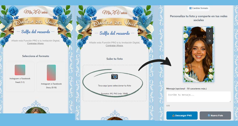 Invitaciones digitales con selfie del recuerdo marco personalizado ariapsa 01