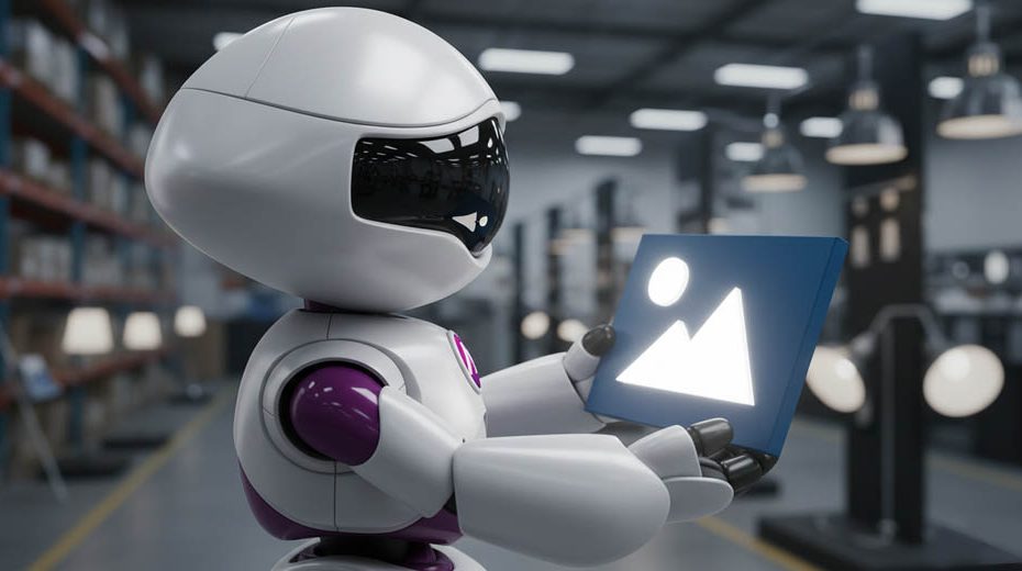 Robot sosteniendo foco encendido en empresa de lámparas industriales, optimización de imágenes SEO AEO GEO en México