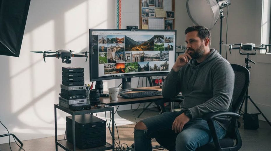 fotografo pensando frente a computadora