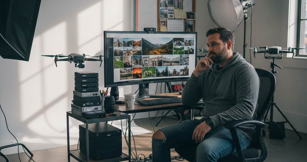 fotografo pensando frente a computadora