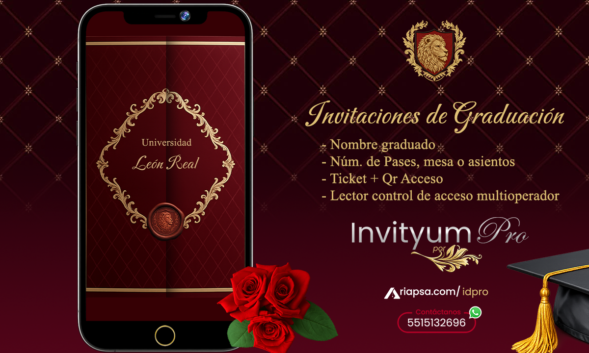 InvityumPro invitaciones de graduación personalizadas: Nombre de invitado, pases, mesa y asientos con panel gestión de invitados
